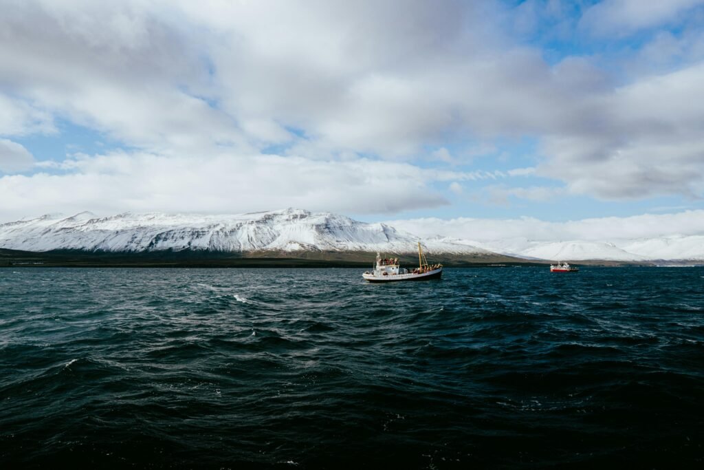 Panoramic view of Eyjafjörður fjord in Iceland with snow-capped mountains and boats on the water.